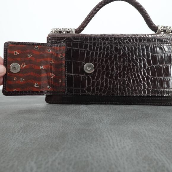 Brighton Handbag Womens Croc Embossed Brown Leather Braided Top Strap Purse - Picture 9 of 16